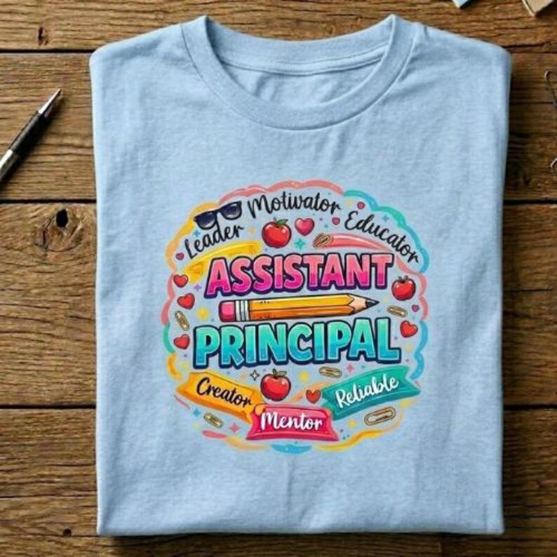 May include: Light blue t-shirt with a colorful graphic. The graphic features the words "Assistant Principal" with a pencil illustration, surrounded by words like "Leader," "Educator," and "Mentor." The design includes hearts and apples.
