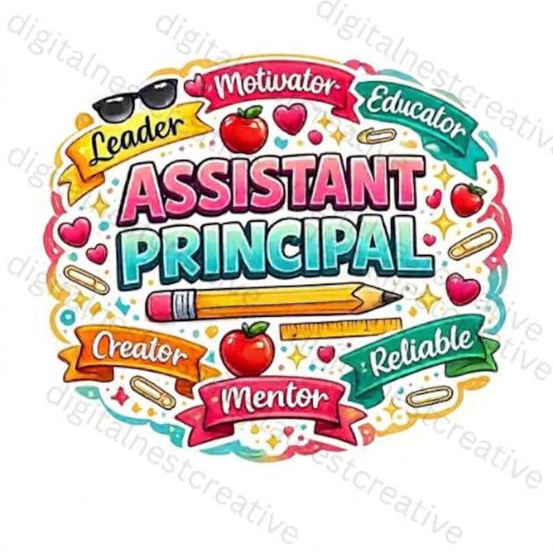 May include: A colorful graphic for an Assistant Principal, featuring the words "Assistant Principal" in large letters. Surrounding the text are ribbons with words like "Leader," "Motivator," and "Educator," along with hearts, apples, and a pencil.