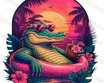 Preppy Alligator PNG | Animal Sublimation | Alligator with Heart Sunglasses | Trendy Kids Graphic | Tropical Gator |