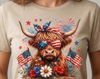 Highland Cow 4th July  png | Sublimation Design |American Flag Cow Png | ndependence Day Png | USA Cowgirl | Digital Download