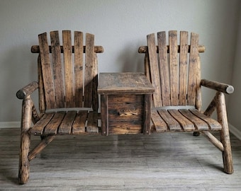 Rustic Wooden Double Adirondack Chair With Center Table & Cooler – Outdoor Loveseat