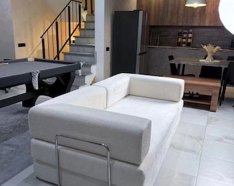 Convertible Teddy Sofa Bed – White Corduroy Modular Couch