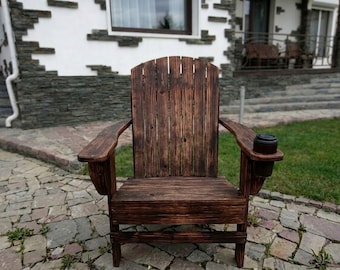Rustic Wooden Adirondack Chair With Cup Holder – Outdoor Patio Chair