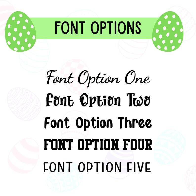 K&ouml;nnte beinhalten: Grafik mit Schriftoptionen f&uuml;r ein Designprojekt. Der Text "FONT OPTIONS" steht in fetten schwarzen Buchstaben auf einem hellgr&uuml;nen Banner. Darunter werden f&uuml;nf Schriftarten gezeigt, beschriftet mit "Font Option One" bis "Font Option Five". Gr&uuml;ne Osterei-Grafiken befinden sich in den oberen Ecken.