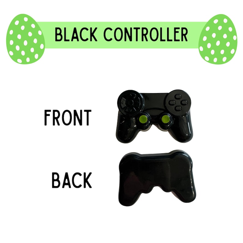 K&ouml;nnte beinhalten: Ein schwarzer Controller, Vorder- und R&uuml;ckansicht, mit gr&uuml;nen Akzenten. Der Text "BLACK CONTROLLER" wird &uuml;ber dem Controller angezeigt. Das Wort "FRONT" steht &uuml;ber der Vorderansicht und "BACK" &uuml;ber der R&uuml;ckansicht.