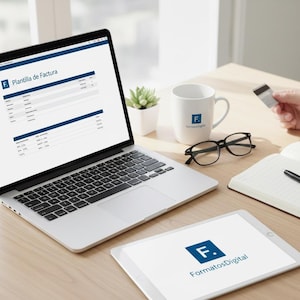 Puede incluir: Un portátil y una tableta muestran una plantilla de factura comercial. Una taza blanca con un logotipo, gafas, un cuaderno y un bolígrafo están sobre un escritorio de madera. Una persona sostiene una tarjeta de crédito.