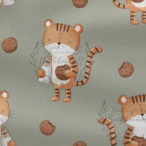 May include: A repeating pattern featuring cartoon tigers holding cookies and milk bottles on a muted green background. The tigers are orange with black stripes. Scattered around are brown cookies, some with bites taken out. The design has a whimsical, childlike aesthetic.