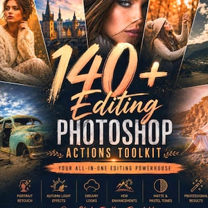 May include: A digital product graphic titled 140+ Editing Photoshop Actions Toolkit, featuring a collage of six diverse photographs including portraits, landscapes, and a vintage car, with text overlays detailing features like portrait retouch and HDR.