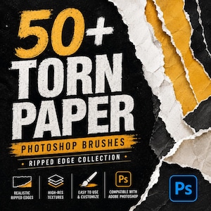 May include: A digital collection of 50+ torn paper Photoshop brushes featuring ripped edge textures. The graphic includes the text 50+ TORN PAPER PHOTOSHOP BRUSHES RIPPED EDGE COLLECTION, along with icons for realistic edges, high-res textures, and Adobe Photoshop compatibility.