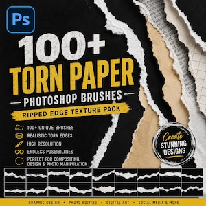 May include: A digital product listing for 100+ Torn Paper Photoshop Brushes featuring a black background with layered, ripped paper edges in white and tan. The text reads 100+ Torn Paper Photoshop Brushes Ripped Edge Texture Pack and Create Stunning Designs.