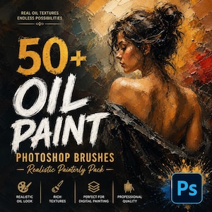 Op de afbeelding: Een digitale productafbeelding met de tekst 50+ OIL PAINT PHOTOSHOP BRUSHES, REAL OIL TEXTURES ENDLESS POSSIBILITIES en REALISTIC PAINTERLY PACK. Het toont een olieverfschilderij van een persoon met donker haar en donkere kleding.