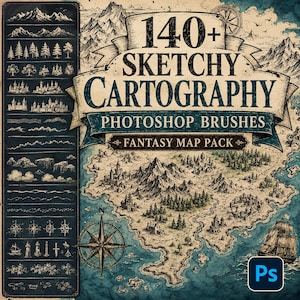 May include: A digital collection of 140+ Sketchy Cartography Photoshop brushes featuring a fantasy map pack. The image displays a detailed, hand-drawn style map with mountains, forests, castles, a compass rose, and a sailing ship on parchment.