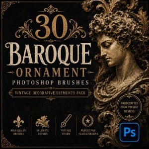 以下が含まれることがあります： 「30 BAROQUE ORNAMENT PHOTOSHOP BRUSHES VINTAGE DECORATIVE ELEMENTS PACK」というテキストが記載されたデジタル画像。黒い背景に、カールした髪の人物のブロンズ調の彫刻と、精巧な装飾模様が描かれています。