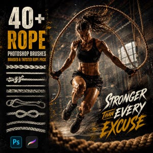 May include: A digital graphic featuring 40+ rope Photoshop brushes with braided and twisted rope textures. The image displays a person exercising with battle ropes and includes the text 40+ ROPE PHOTOSHOP BRUSHES BRAIDED & TWISTED ROPE PACK and STRONGER THAN EVERY EXCUSE.