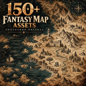 May include: A digital collection of 150+ fantasy map assets in the form of Photoshop brushes. The image displays a detailed, aged-style map featuring mountains, a coastline, a lighthouse, a castle, forests, and a sailing ship on water.