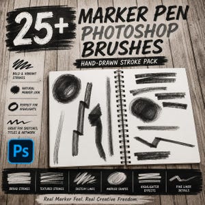 Può includere: Un prodotto digitale che presenta oltre 25 pennelli Photoshop per pennarelli. L'immagine mostra un album da disegno a spirale con tratti di pennarello nero, inclusi cerchi e linee. Il testo include '25+ MARKER PEN PHOTOSHOP BRUSHES' e 'HAND-DRAWN STROKE PACK' con un'icona blu 'Ps'.