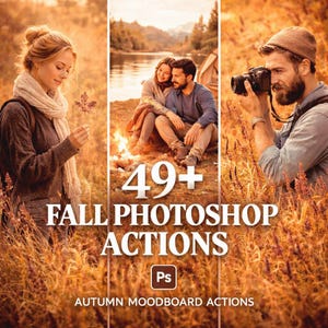 May include: A composite image with three panels. The central panel displays the text "49+ FALL PHOTOSHOP ACTIONS" and "AUTUMN MOODBOARD ACTIONS". The image features people enjoying autumn activities, including photography and a couple by a campfire.