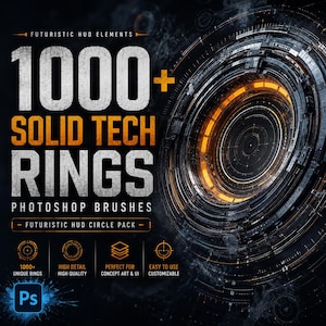 Könnte beinhalten: Eine digitale Grafik mit dem Text 1000+ SOLID TECH RINGS PHOTOSHOP BRUSHES und FUTURISTIC HUD CIRCLE PACK. Das Bild zeigt ein komplexes, kreisförmiges, orangefarbenes und dunkelgraues mechanisches HUD-Element mit komplizierten konzentrischen Ringen.