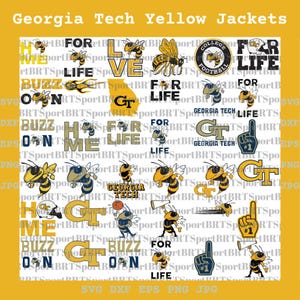 May include: A yellow and white graphic design featuring the words "Georgia Tech Yellow Jackets" and various images of bees, the letters "GT", and the words "Buzz On". The design also includes the words "For Life" and "College Football".
