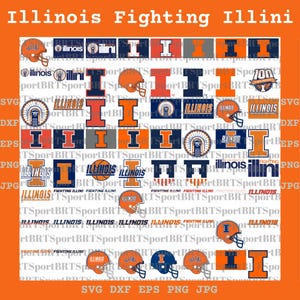 Op de afbeelding: Een verzameling oranje en marineblauwe Illinois Fighting Illini logo's en afbeeldingen. De afbeelding bevat verschillende ontwerpen met de naam van het team, een helm en de letter "I". De achtergrond is oranje.
