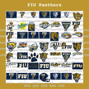 May include: A collection of FIU Panthers logos and graphics in various styles. The designs include the team's name, panther heads, and other related imagery. The logos are in gold, navy blue, and white.