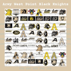 Puede incluir: Una colección de logotipos y emblemas de Army West Point Black Knights. Los diseños incluyen la letra "A", cascos y el logotipo del Ejército en negro, dorado y blanco. El texto "Army West Point Black Knights" es visible.