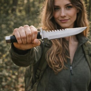 May include: A large survival knife with a serrated blade and black handle is held up in front of a blurred forest background. The knife has a silver blade and a black handle. The person holding the knife is wearing a green jacket.