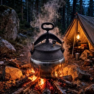May include: A cast iron and stainless steel pressure cooker with a locking handle and steam valve, sitting directly over a campfire. The pot features a textured black lid with embossed palm tree designs and a polished metallic base.
