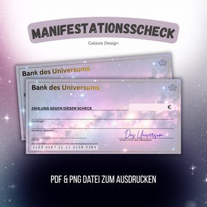 May include: Two celestial-themed checks with the text "MANIFESTATIONSSCHECK" and "Bank des Universums." The checks have a purple and pink galaxy background with a space-themed design. The bottom of the image reads "PDF & PNG FILE TO PRINT."