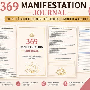 Op de afbeelding: Een 369 Manifestatie Journal met de tekst "369 MANIFESTATION JOURNAL" in een roze en gouden ontwerp. Het journal bevat begeleide schrijfoefeningen en instructies voor de 3-6-9 methode, die focus, helderheid en succes bevordert.