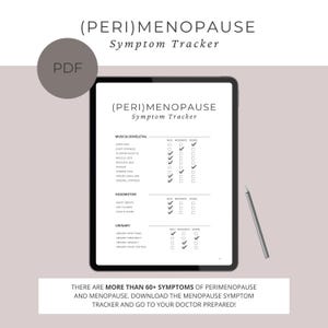 Op de afbeelding: Een digitale tablet met een symptoomtracker voor perimenopauze en menopauze. De tracker vermeldt symptomen zoals gewrichtspijn en nachtzweten, met selectievakjes voor mild, matig en ernstig. Een stylus ligt rechts. De tekst onderaan luidt: "Er zijn meer dan 60+ symptomen..."