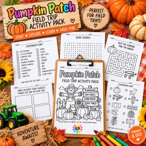 May include: A Pumpkin Patch Field Trip Activity Pack featuring multiple printed worksheets with word searches, scavenger hunts, and mazes. The pages include illustrations of scarecrows, pumpkins, and farm items, all secured on a wooden clipboard.