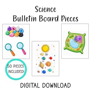 May include: Science Bulletin Board Pieces digital download featuring 50 pieces included. Graphics include colorful crystals, two magnifying glasses, a solar system diagram with the sun and planets, and a green plant cell structure with organelles.