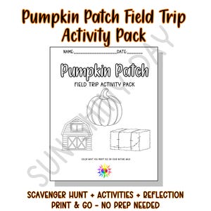 Può includere: Un pacchetto di attività in bianco e nero intitolato "Pumpkin Patch Field Trip Activity Pack". Il pacchetto include illustrazioni di zucca, fienile e balla di fieno. Il testo include "Scavenger Hunt + Activities + Reflection" e "Print & Go - No Prep Needed".