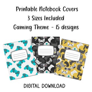 Könnte beinhalten: Druckbare Notizbuchhüllen mit Gaming-Motiv, 15 Designs in 3 Größen enthalten. Der digitale Download zeigt drei rechteckige Hüllen mit wiederkehrenden Videospiel-Controller-Mustern in Cyan, Schwarz und Gelb, jeweils mit einem weißen Etikettenfeld.