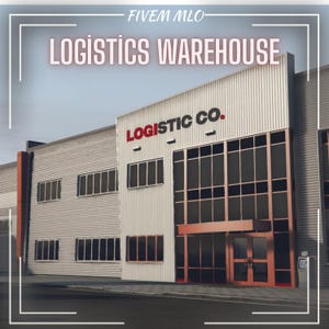Op de afbeelding: Een modern logistiek magazijngebouw met gegolfde metalen gevelbekleding, grote glazen ramen en een dubbele toegangsdeur. De buitenkant toont de tekst LOGISTIC CO. in rode en zwarte letters, met FIVEEM MLO LOGISTICS WAREHOUSE erboven.