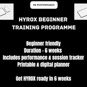 Peut inclure: Graphique noir avec le texte "HYROX BEGINNER TRAINING PROGRAMME". Le programme est adapté aux débutants, dure 6 semaines et comprend un suivi des performances et un planificateur numérique. L'image montre également une tablette et un smartphone.