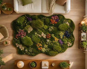 Moosteppich I 3D Texture Greenery Teppich mit bunter Blüte l Moos Blumenteppich