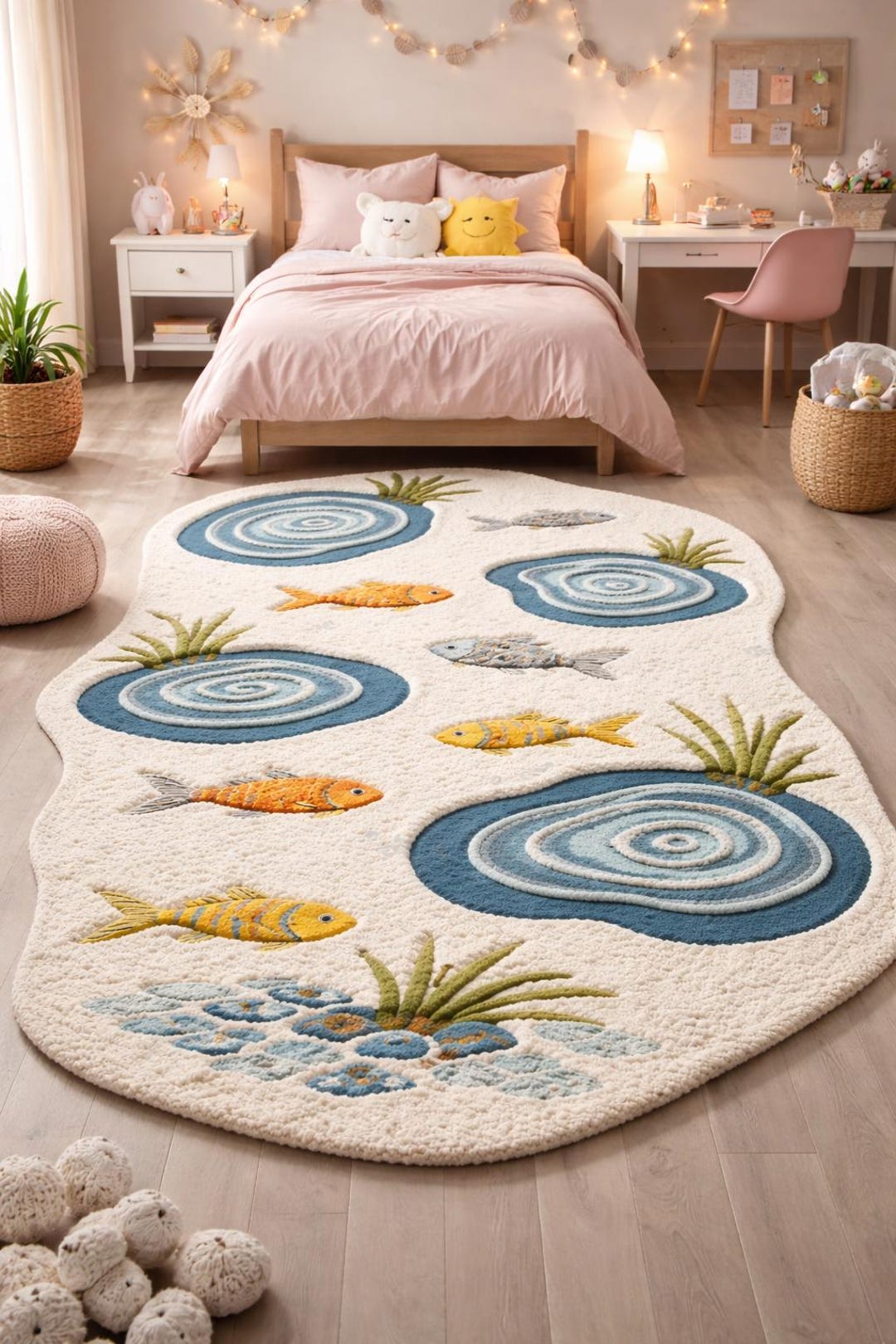 Irregular Tufted Fish Pond Rug, Ocean Theme Kids Room Decor, Wool Blend ...