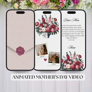Może przedstawiać: Trzy ekrany smartfonów wyświetlające projekty z okazji Dnia Matki. Jeden pokazuje bukiet kwiatów i napis "Happy Mother's Day". Inny ma wiadomość do "Kochana Mamo" i kompozycję kwiatową. Trzeci ekran ma pieczęć woskową.