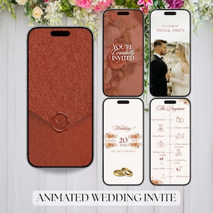 Peut inclure: Conception d'invitation de mariage animée. Un étui de téléphone marron avec un sceau de cire est présenté, ainsi que des écrans de téléphone affichant les détails du mariage. Les écrans affichent le texte "You're Cordially Invited", la date du mariage et les détails du programme. Le texte "Animated Wedding Invite" est en bas.