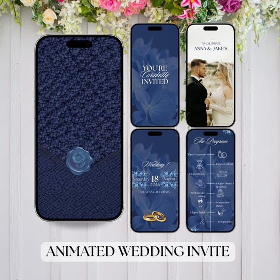 Blue Navy Elegant Wedding Video Invitation – Editable Animated Canva Template – Luxury Old Money Style Digital Wedding Invite