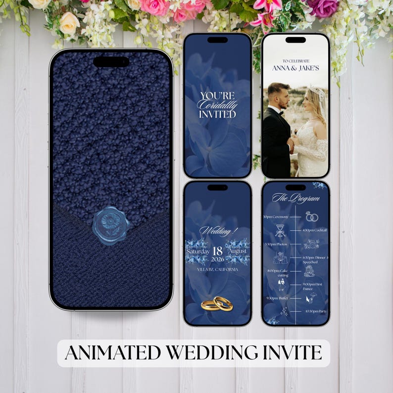 May include: Animated wedding invite displayed on smartphones. The design features navy blue backgrounds with white text and gold accents. The invite includes wedding details, a photo of the couple, and the wedding program.