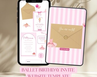 May include: A digital ballet birthday invite website template displayed on a smartphone and tablet. The design features pink and gold elements, including ballet shoes, envelopes, and the text "You are invited."