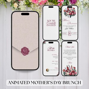 Peut inclure: Conception d'invitation animée pour le brunch de la fête des mères. La conception présente des maquettes de smartphones avec des compositions florales et du texte. Le texte comprend "Vous êtes cordialement invité", "Brunch de la fête des mères" et les détails de l'événement.