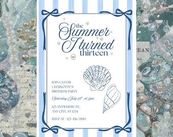 May include: A rectangular birthday invitation card with light blue vertical stripes and a dark blue ribbon border. The text reads: The Summer I turned thirteen, Join us for Charlotte's birthday party, Saturday, July 25th, at 2pm, 123 Anywhere St, Any City, ST 1234, RSVP at 123-456-7890. It features two line-art seashells and small white pearl accents.