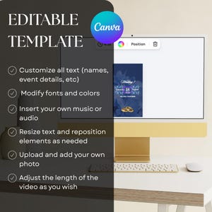 May include: A computer monitor displays a wedding invitation template within the Canva design platform. The screen shows options to customize text, modify fonts and colors, insert audio, resize elements, upload photos, and adjust video length. The Canva logo is visible.