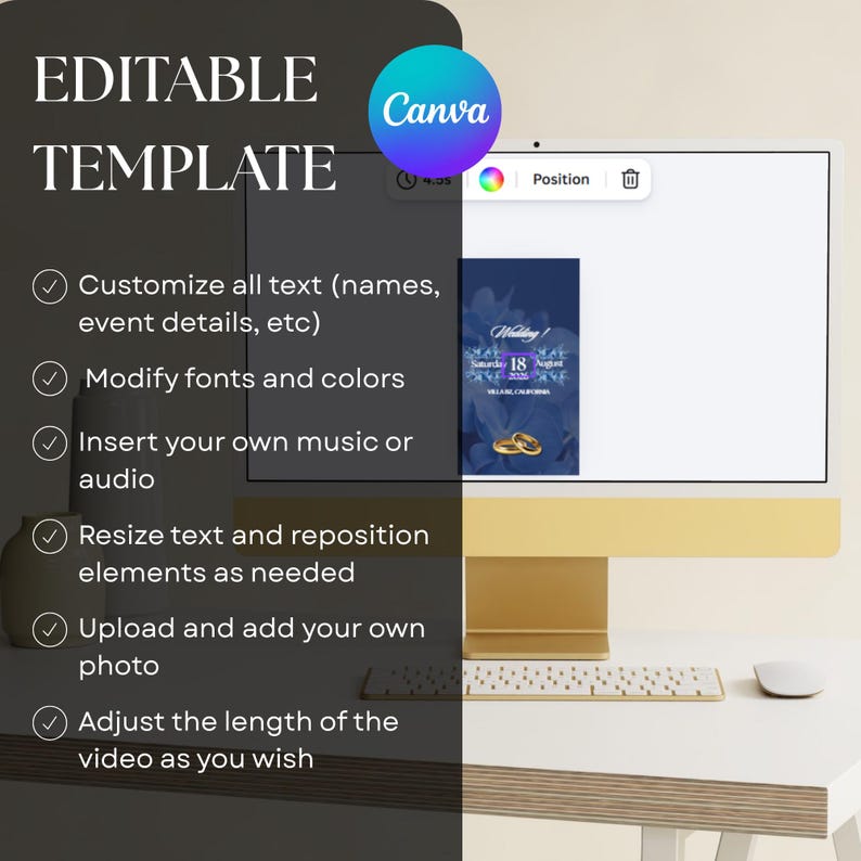 May include: A computer monitor displays a wedding invitation template within the Canva design platform. The screen shows options to customize text, modify fonts and colors, insert audio, resize elements, upload photos, and adjust video length. The Canva logo is visible.