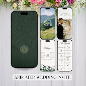 Peut inclure: Une invitation de mariage animée affichée sur plusieurs smartphones. L'invitation comprend un fond vert, un paysage de montagne, une photo d'un couple et le texte "You're Cordially Invited". L'invitation comprend également le texte "Anna & Jake's" et "The Program".