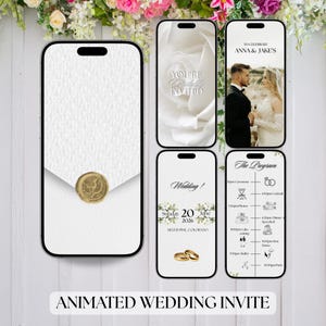 Peut inclure: Conception d'invitation de mariage animée affichée sur des smartphones. Le design comprend un fond blanc avec un sceau de cire doré, une rose, des détails de mariage et un programme. Le texte dit "You're Cordially Invited."